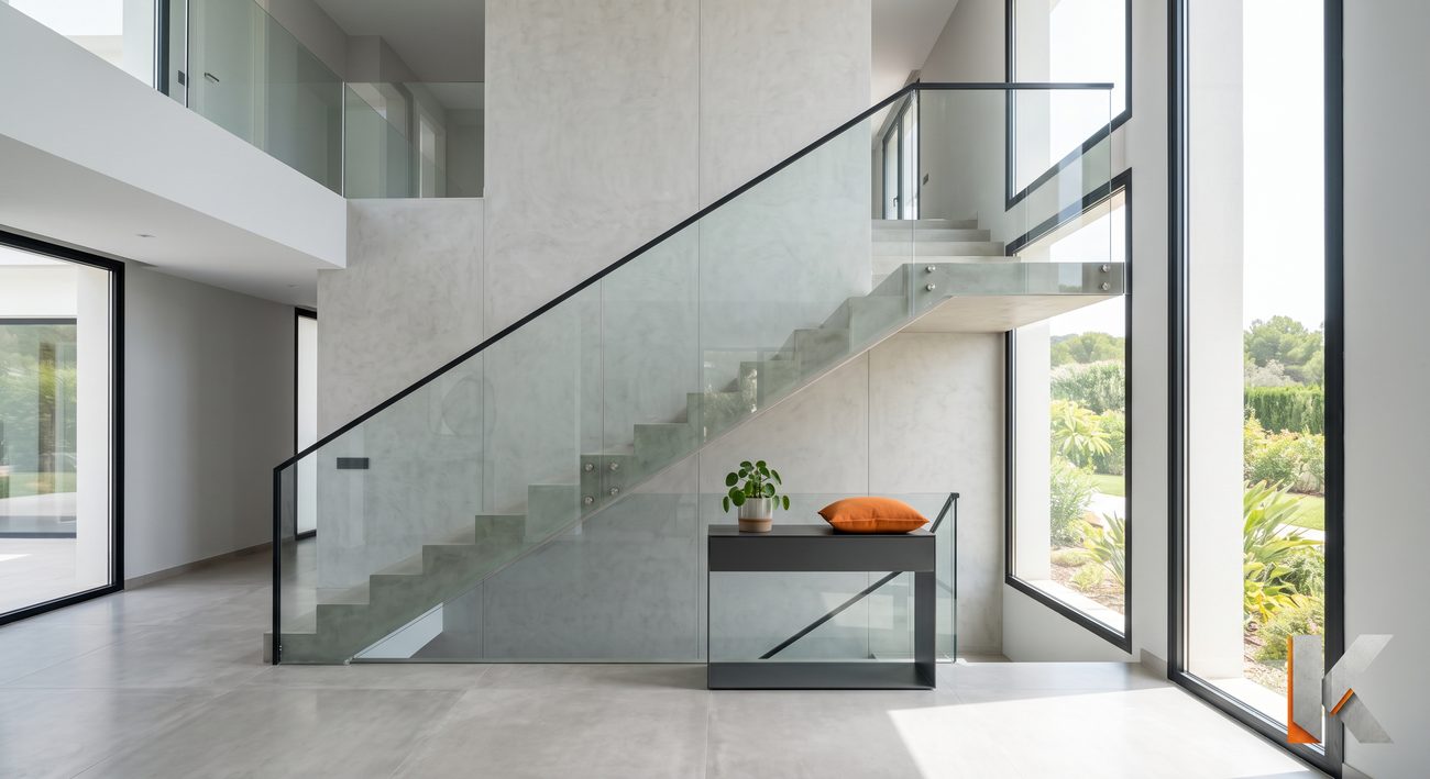 Escalera con barandal de vidrio en doble altura